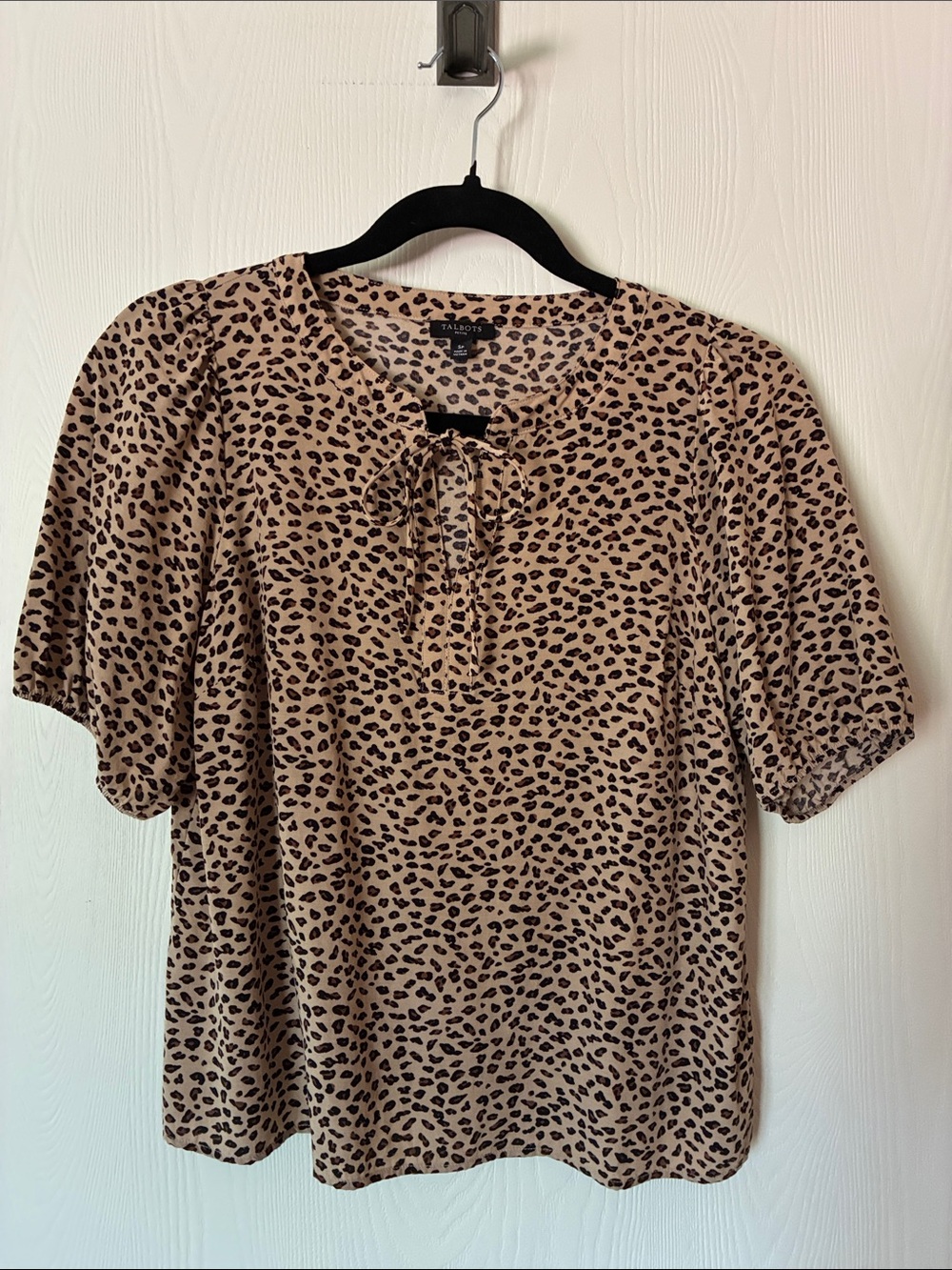 Talbots Beige and Black Leopard-Print Tie-Neck Short Sleeve Blouse, small Pet